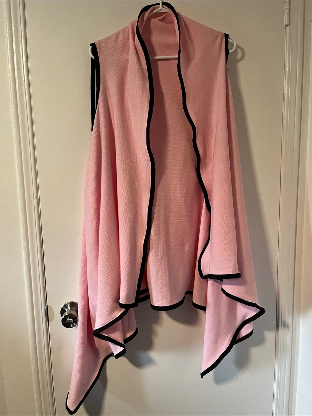 Pink Draped Open-Front Sweater with Black Trim